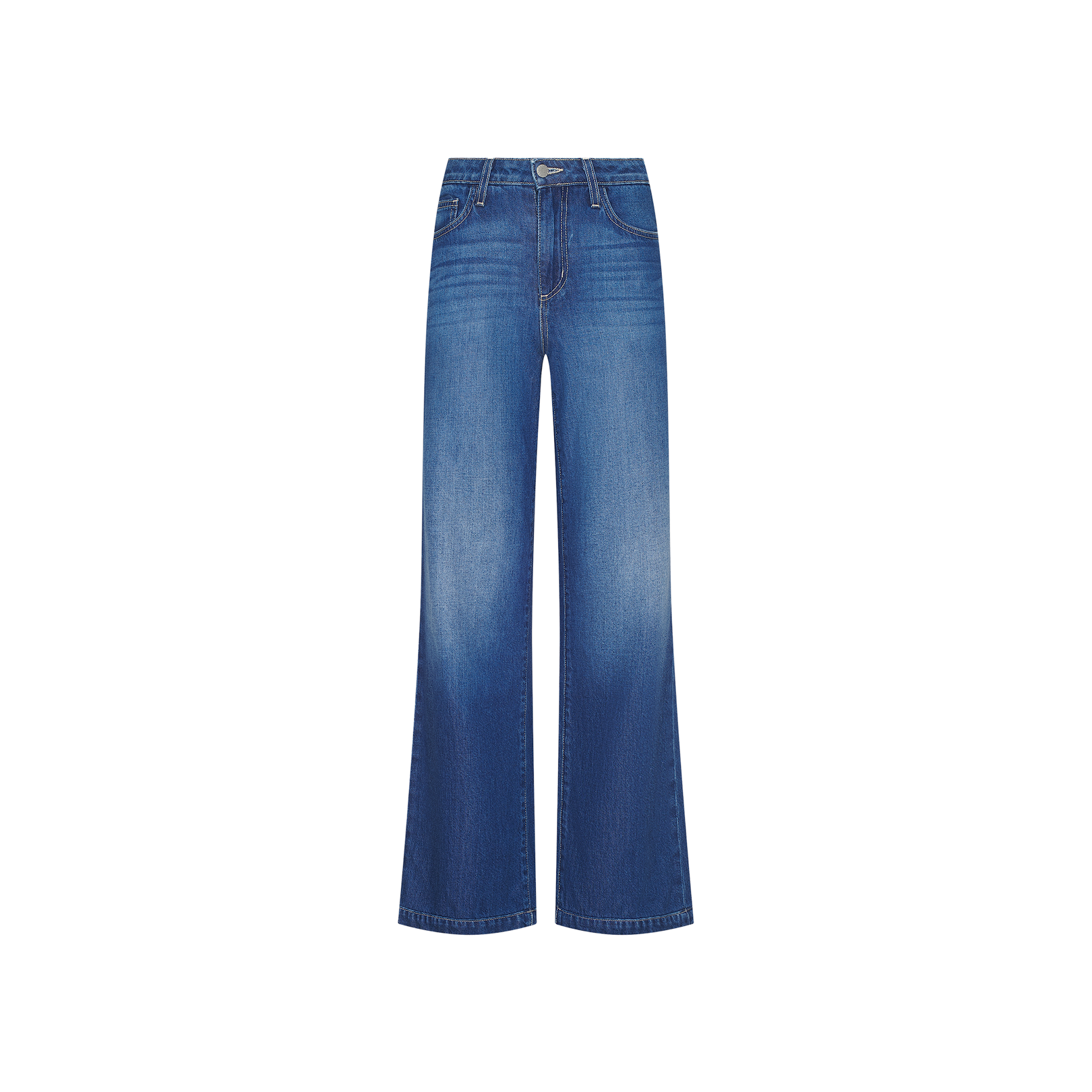 The Scottie Wide-Leg Jean is a high-rise, wide-leg blue denim style crafted from sturdy nonstretch fabric, with front pockets and a subtle fade on the thighs, shown against a plain white background.