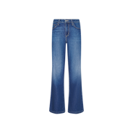 The Scottie Wide-Leg Jean, shown on a white background, features an indigo wash, high-rise waist, front zipper and button closure, and both front and back pockets.