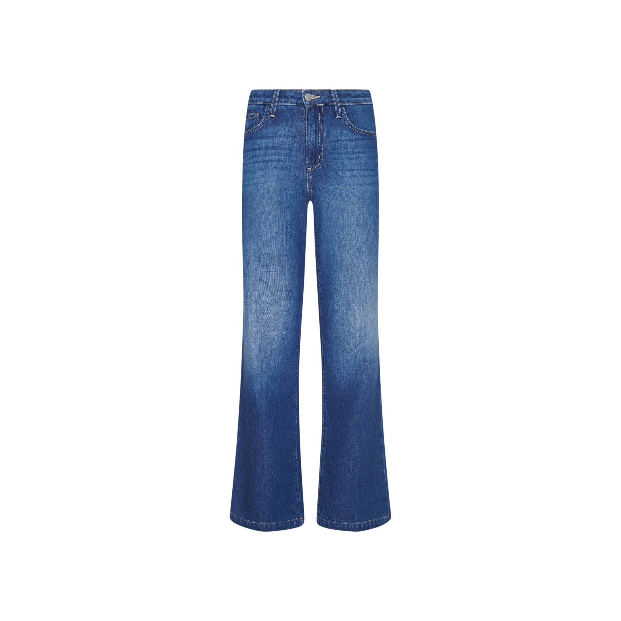 The Scottie Wide-Leg Jean, shown on a white background, features an indigo wash, high-rise waist, front zipper and button closure, and both front and back pockets.