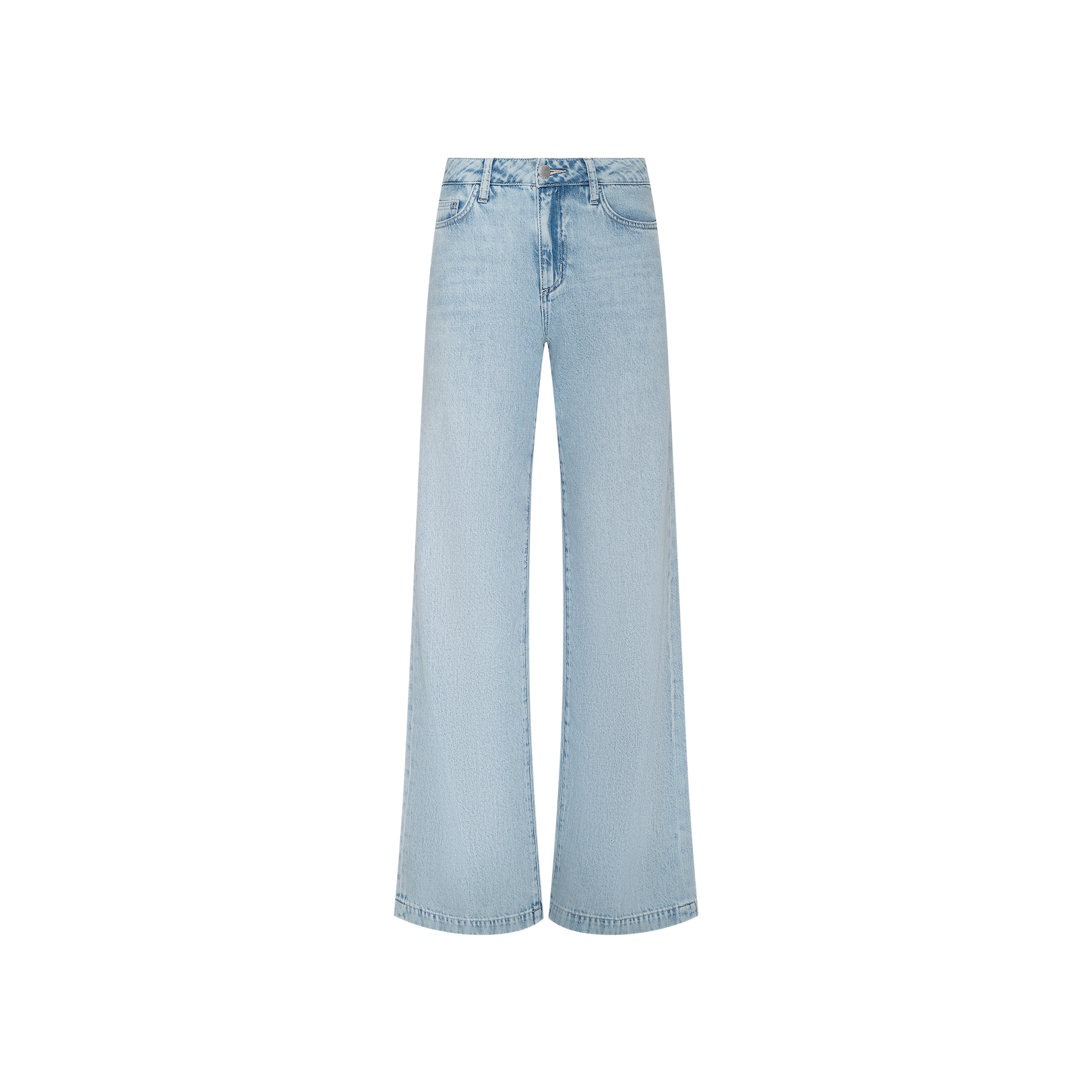 The Scottie Wide-Leg Jean in a light blue, high-rise silhouette is displayed on a plain white background. Featuring a flattering light wash finish, these jeans offer classic five-pocket styling and a button fly.