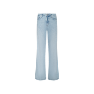 The Scottie Wide-Leg Jean features a light blue wash, high-rise fit, wide-leg silhouette with subtle fading, a classic five-pocket design, and button and zip closure, shown against a plain white background.