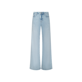 The Scottie Wide-Leg Jean in a light blue, high-rise silhouette is displayed on a plain white background. Featuring a flattering light wash finish, these jeans offer classic five-pocket styling and a button fly.