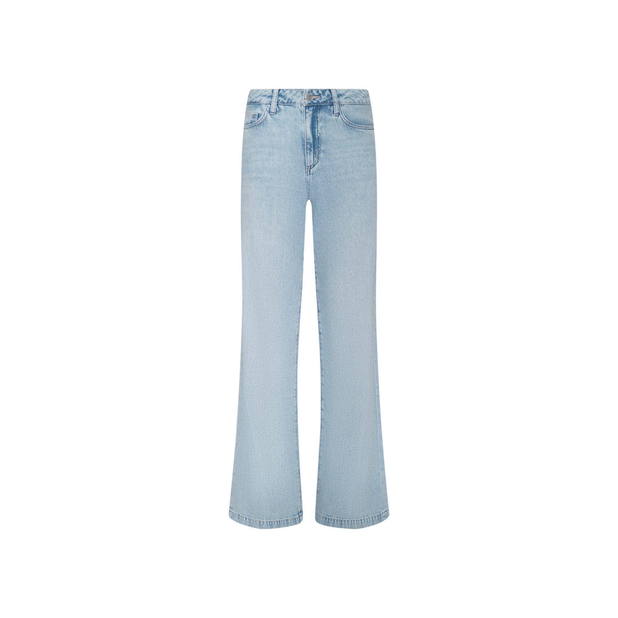 The Scottie Wide-Leg Jean features a light blue wash, high-rise fit, wide-leg silhouette with subtle fading, a classic five-pocket design, and button and zip closure, shown against a plain white background.