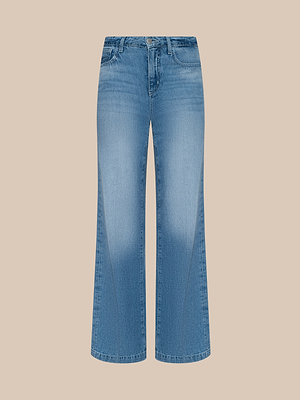 The Scottie Wide-Leg Jean features a light blue wash, high-rise fit, and all-cotton denim with button and zipper closure, presented against a plain beige background.