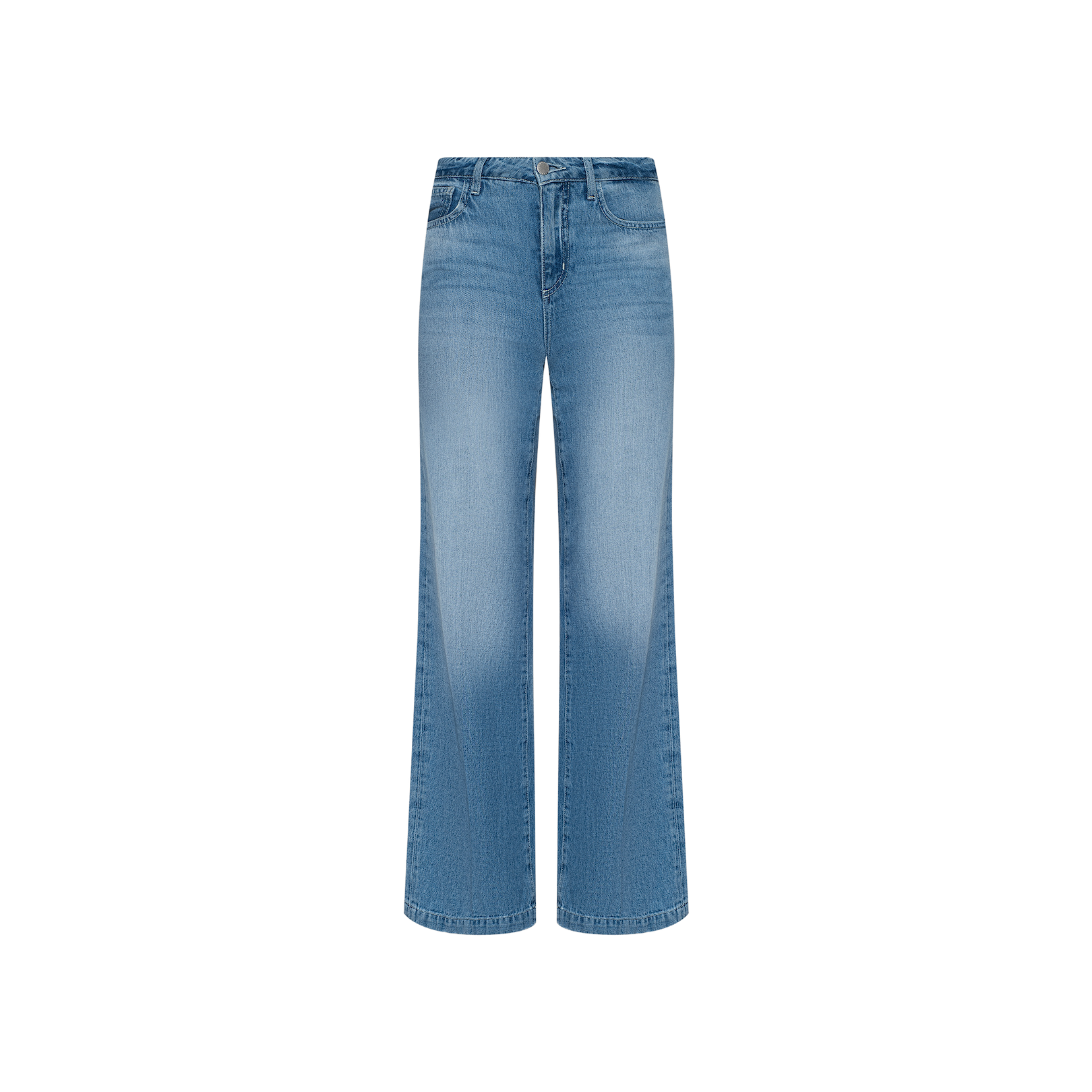 The Scottie Wide-Leg Jean is a blue, high-waisted style crafted from all-cotton denim with a faded front, classic five-pocket design, and button closure, shown on a plain white background.