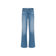 The Scottie Wide-Leg Jean is showcased on a plain white background, featuring a light blue wash, high-rise fit, wide-leg silhouette, all-cotton denim construction with subtle front fading, and classic five-pocket styling.