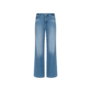 The Scottie Wide-Leg Jean features a light blue wash with a subtle front fade, crafted from 100 cotton denim in a high-rise, wide-leg silhouette. This classic five-pocket style is shown against a plain white background.