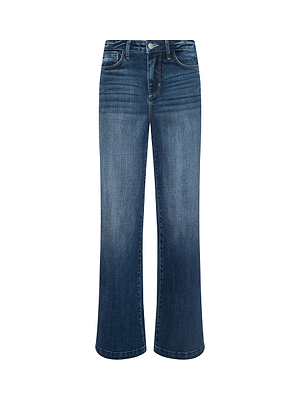 The Scottie Wide-Leg Jean is a pair of blue, high-waisted wide-leg jeans in stretch denim with a contoured waistband, button and zip closure, front and back pockets, and a slightly faded wash on the thighs and knees. Displayed on white.