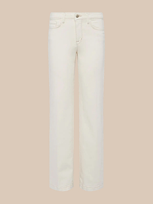 The Scottie Wide-Leg Jean in off-white features a high-rise waistband, wide-leg silhouette, button and zip closure, plus front and back pockets, showcased on a plain beige background.