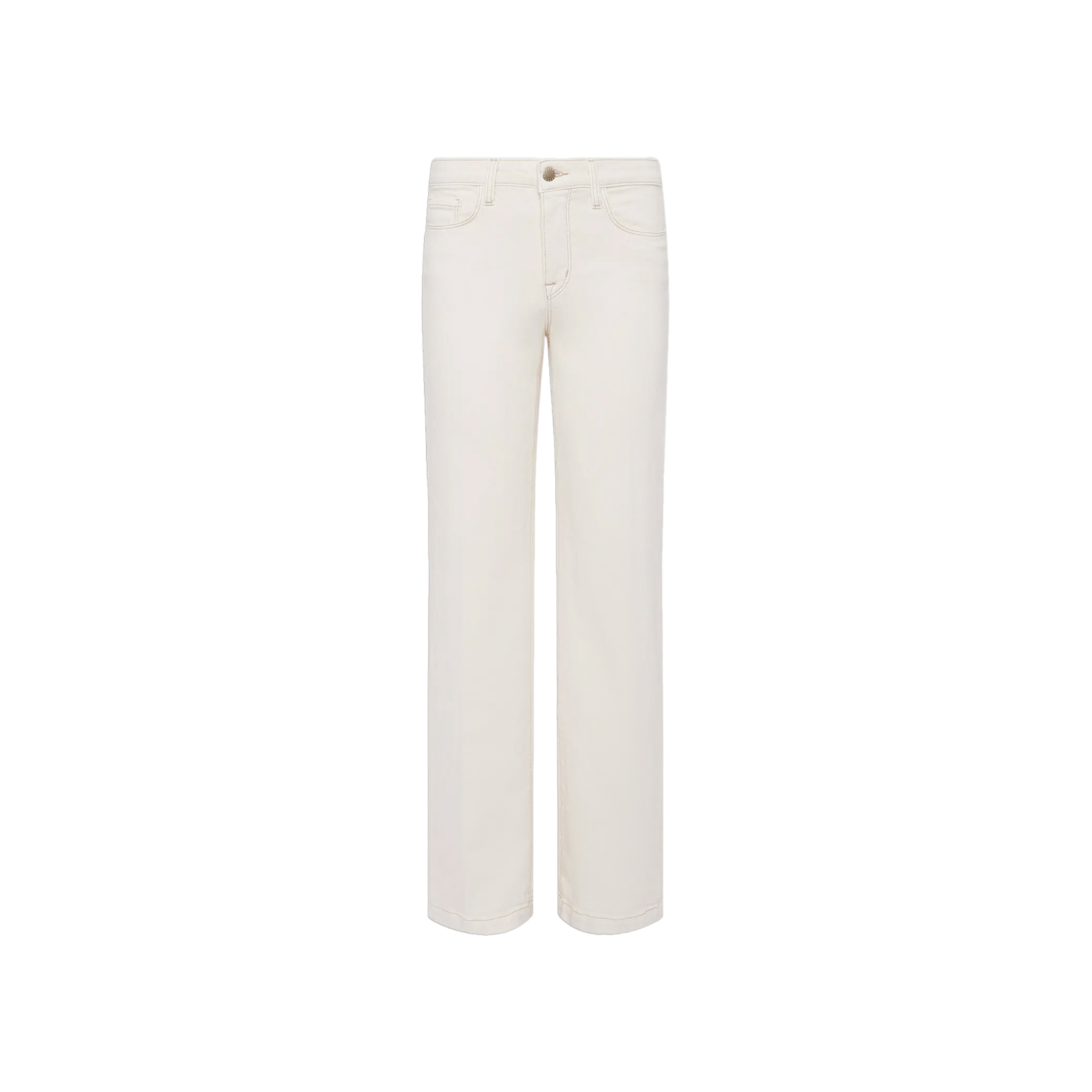 A pair of Scottie Wide-Leg Jeans—high-waisted white jeans featuring a button and zip closure, front and back pockets, and a timeless wide-leg silhouette—displayed on a plain white background.