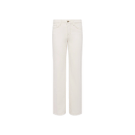 A pair of Scottie Wide-Leg Jeans in white is displayed against a plain white background. These high-rise jeans feature a wide-leg silhouette, button and zipper closure, front pockets, and belt loops.