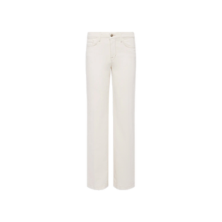 A pair of Scottie Wide-Leg Jeans—high-waisted white jeans featuring a button and zip closure, front and back pockets, and a timeless wide-leg silhouette—displayed on a plain white background.