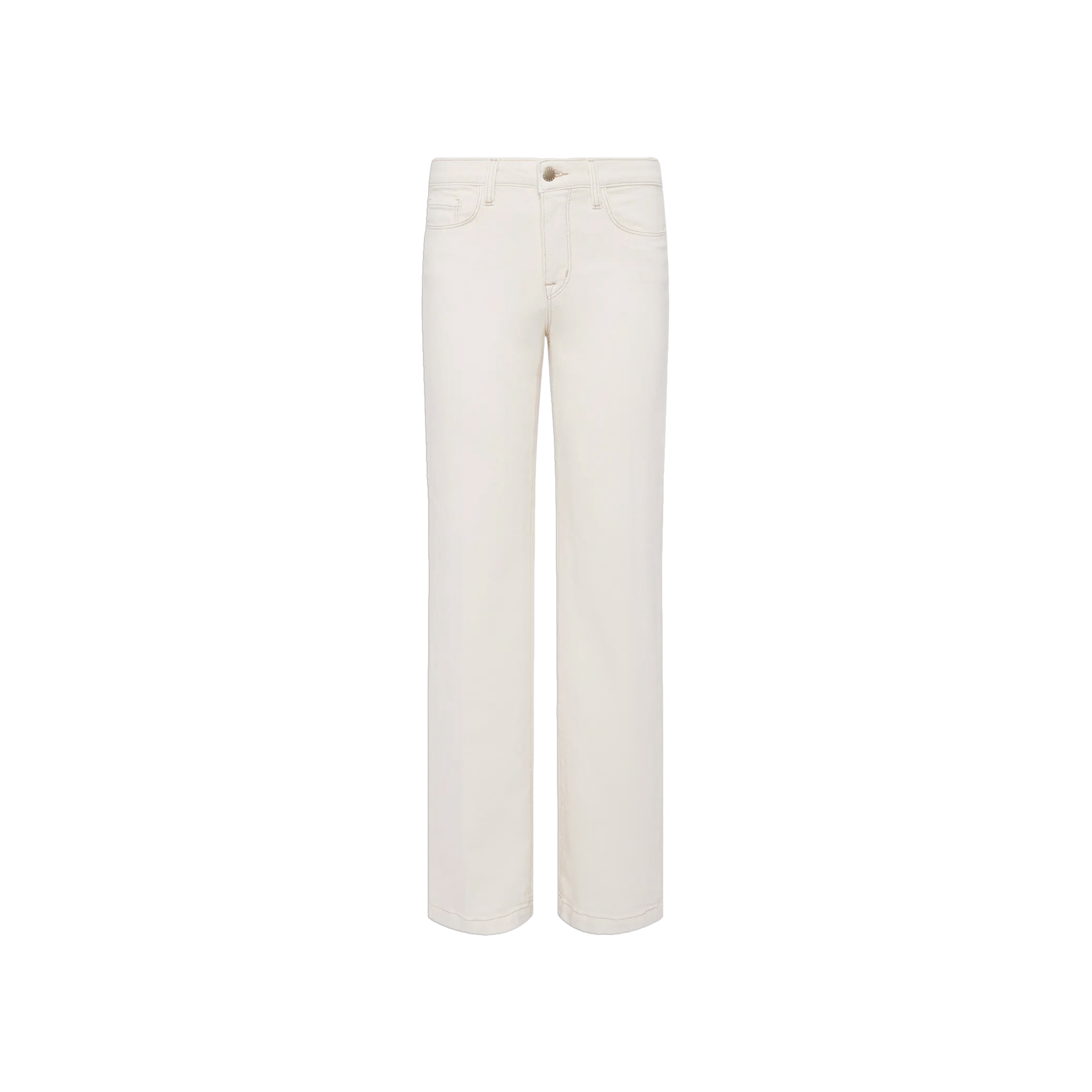 A pair of Scottie Wide-Leg Jeans in white is displayed against a plain white background. These high-rise jeans feature a wide-leg silhouette, button and zipper closure, front pockets, and belt loops.