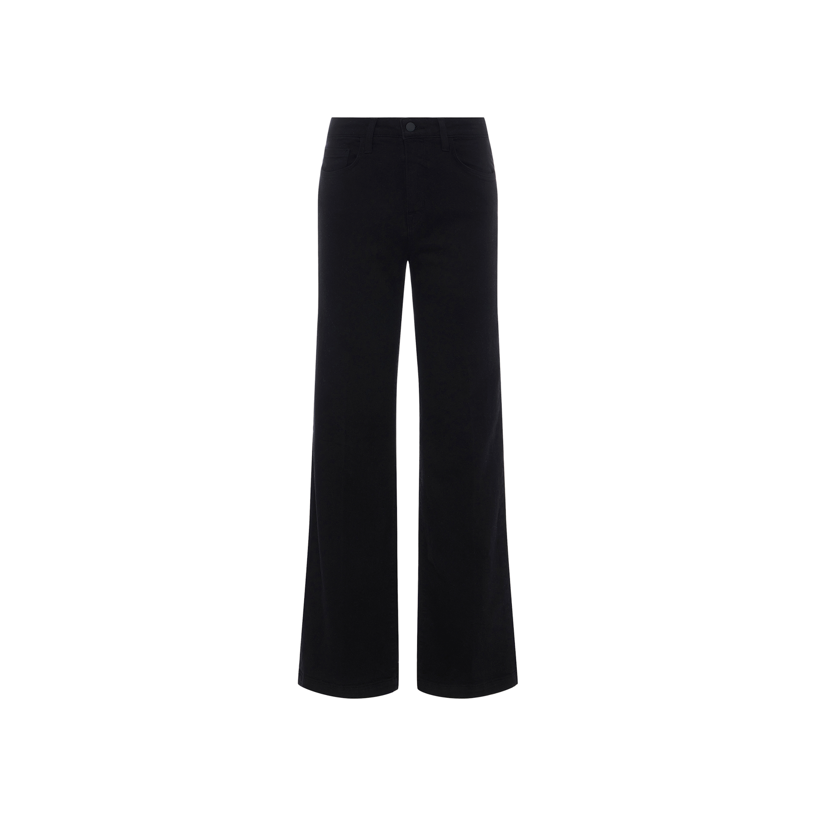 Scottie Wide-Leg Jean in black, high-waisted with a classic tailored fit and wide-leg silhouette, displayed on a plain white background. Designed with front pockets, a button closure, and crafted from premium stretch denim for all-day comfort.