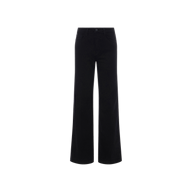 The Scottie Wide-Leg Jean is a pair of black high-rise, wide-leg jeans crafted from premium stretch denim, featuring button and zipper closure with front pockets, showcased on a plain white background.