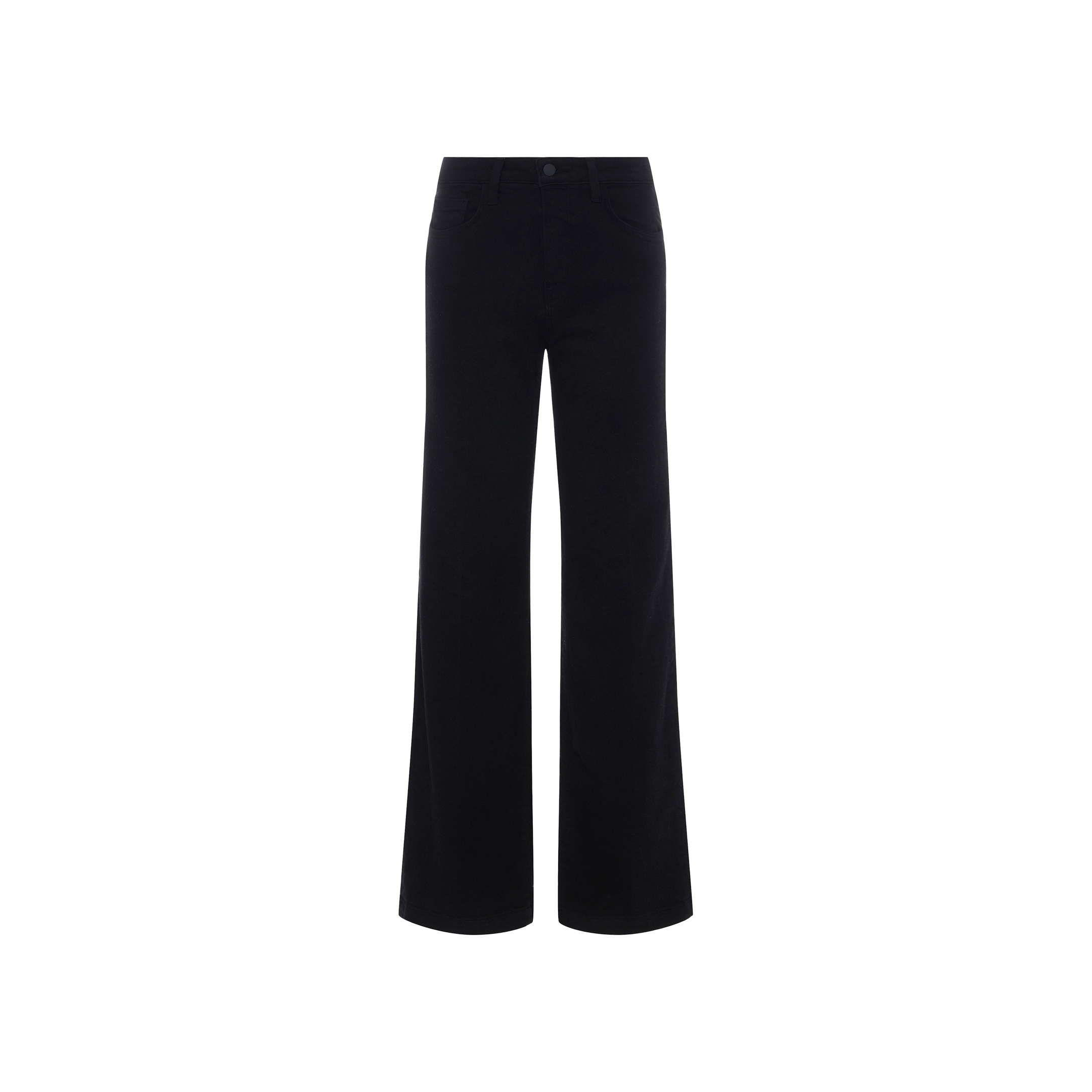 The Scottie Wide-Leg Jean is a pair of black high-rise, wide-leg jeans crafted from premium stretch denim, featuring button and zipper closure with front pockets, showcased on a plain white background.