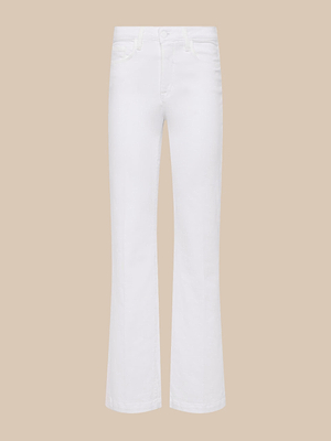 Scottie Wide-Leg Jean in white, featuring front and back pockets, belt loops, and button-zip closure, shown against a beige background.