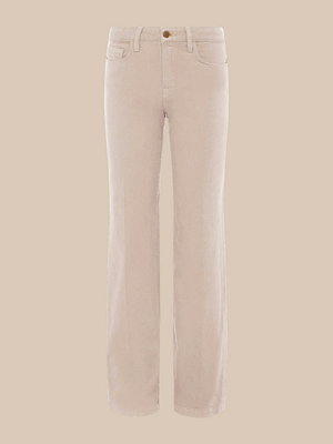 The Scottie Wide-Leg Jean, shown on a plain beige background, features a light beige corduroy design with straight legs, button and zip closure, plus front and back pockets for versatile style.