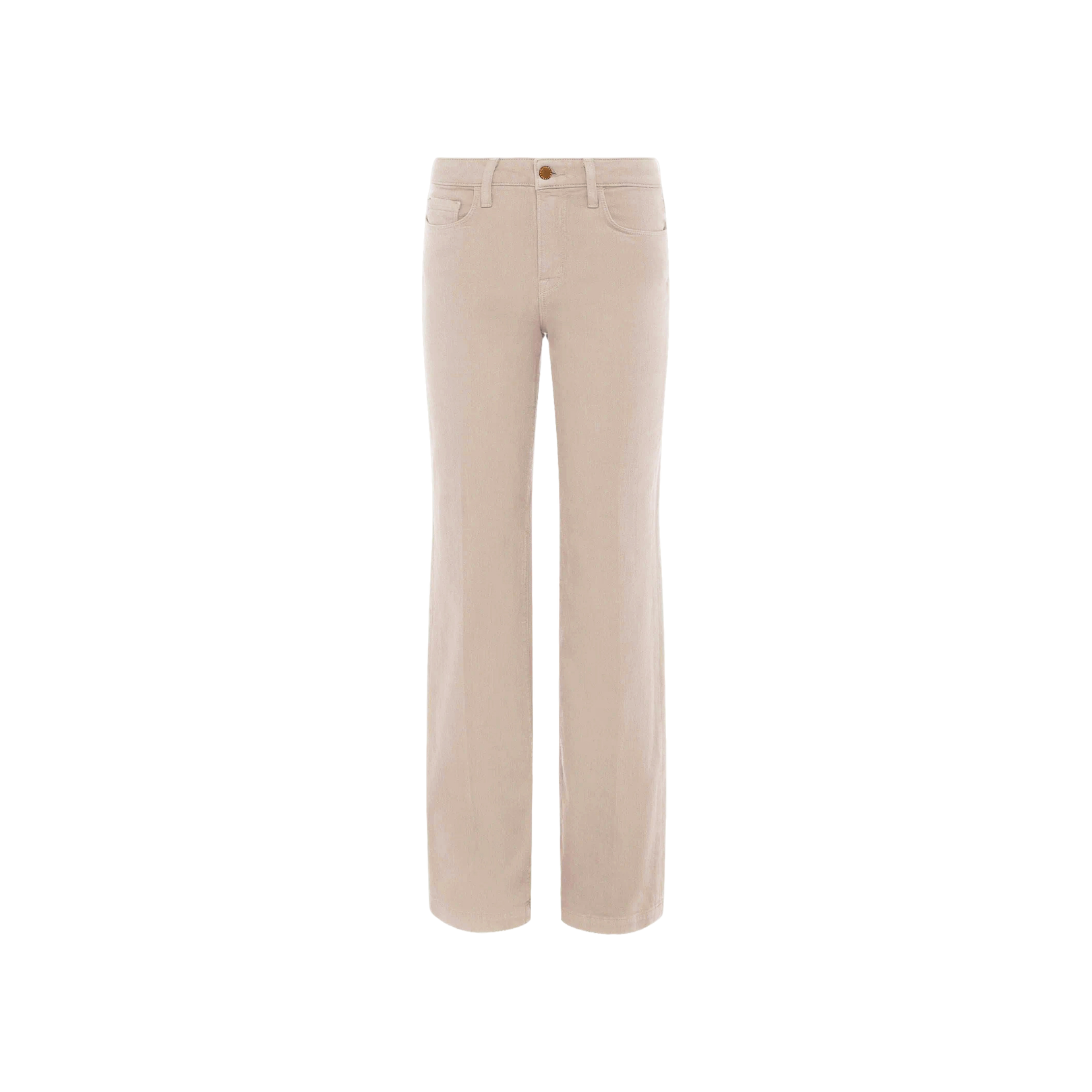 Scottie Wide-Leg Jean in beige displayed against a plain white background. Crafted from premium stretch denim, these jeans feature front and back pockets, belt loops, and a button closure.