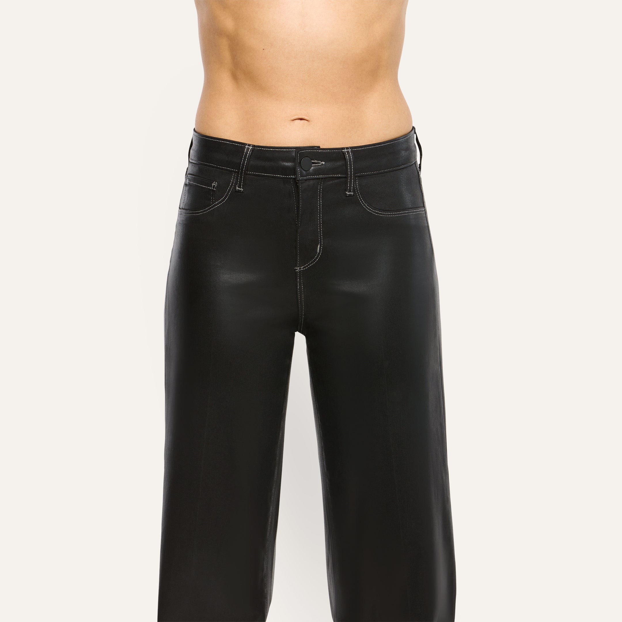Scottie Coated Wide-Leg Jean in black, featuring a high-rise fit and white topstitching.