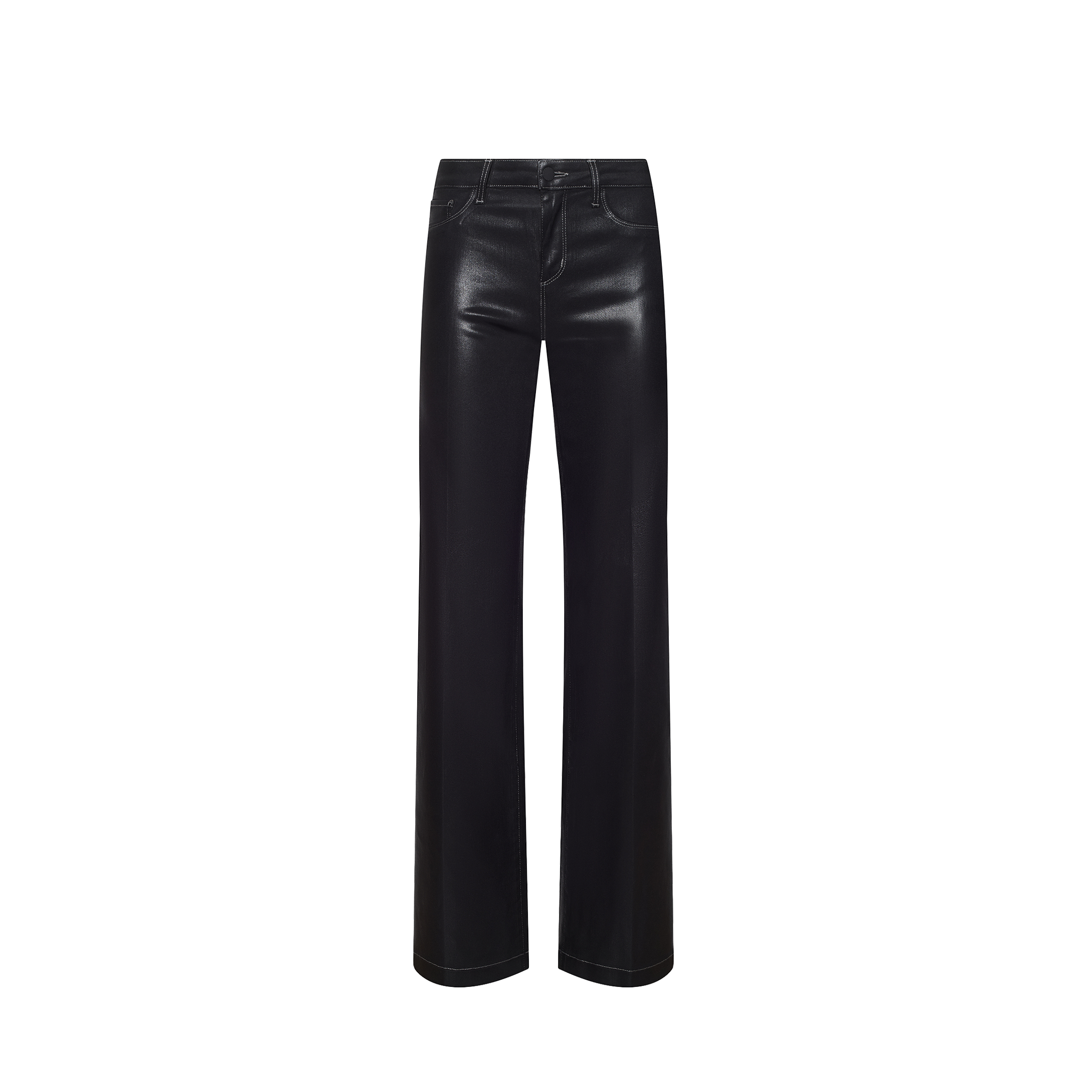 Scottie Coated Wide-Leg Jean in black, featuring a high-rise, wide-leg silhouette with a smooth, coated finish, front pockets, and a button fly.
