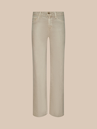 Scottie Coated Wide-Leg Jeans displayed on a plain light peach background, featuring front pockets, belt loops, and a button closure.