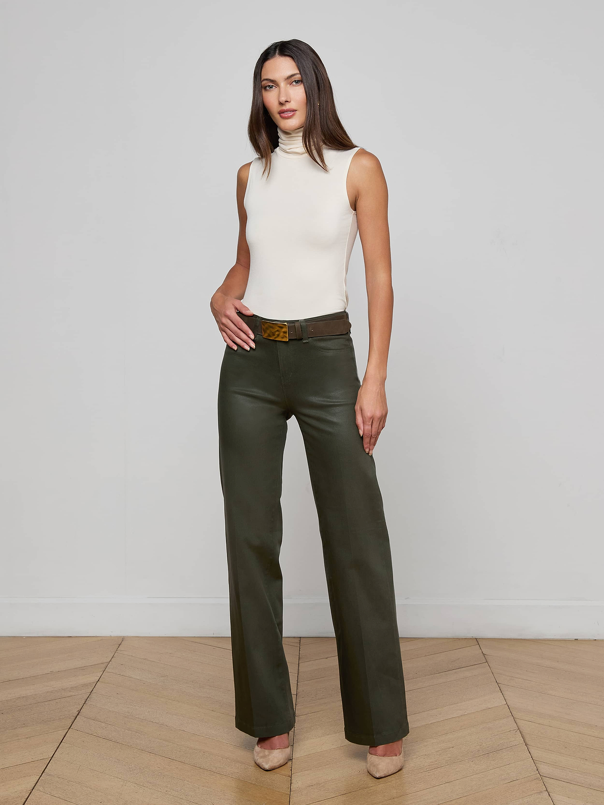 Scottie Coated Wide-Leg Jean in Deep Olive Coated | L'AGENCE