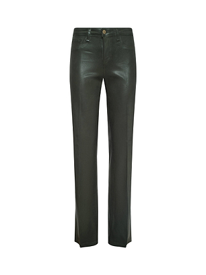The Scottie Coated Wide-Leg Jean by L'AGENCE is a dark green coated denim pant with front pockets, belt loops, and a button closure, shown against a plain white background.