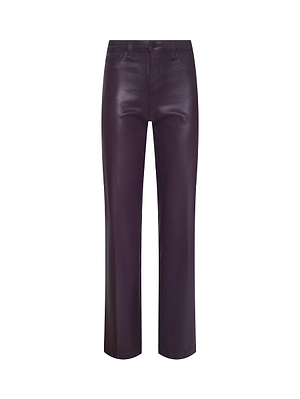The Scottie Coated Wide-Leg Jean by L'AGENCE features dark purple coated denim, a high-rise waist, front and back pockets, belt loops, and a button-zip closure.