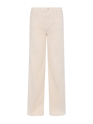 The L'AGENCE Scottie Corduroy Wide-Leg Pant features cream stretch corduroy, a high-rise contoured waistband, button and zip closure, plus front and back pockets—shown on a plain white background.