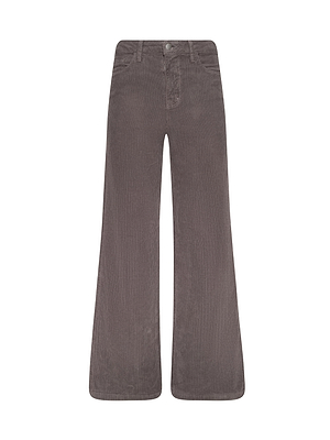 The Scottie Corduroy Wide-Leg Jean features a high waist, contoured waistband, front button and zip closure, two front pockets, wide-leg silhouette, and soft brown corduroy fabric for a stylish textured look.