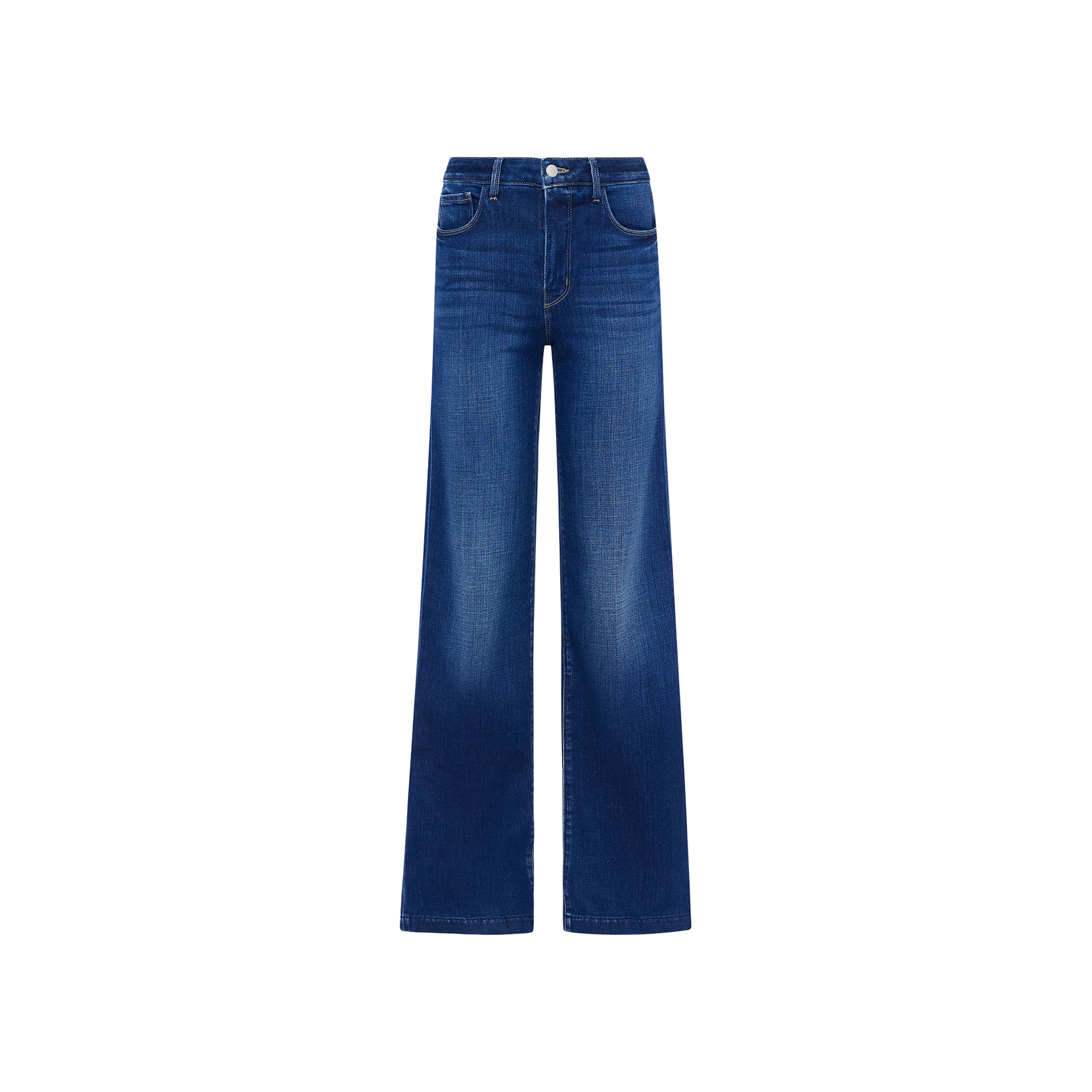 The Scottie Wide-Leg Jean is a pair of high-waisted, wide-leg blue jeans made from stretch denim with a contoured waistband. They feature a button and zipper closure along with front and back pockets, shown against a plain white background.