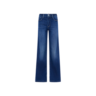 The Scottie Wide-Leg Jean is a pair of high-waisted, wide-leg blue jeans made from stretch denim with a contoured waistband. They feature a button and zipper closure along with front and back pockets, shown against a plain white background.