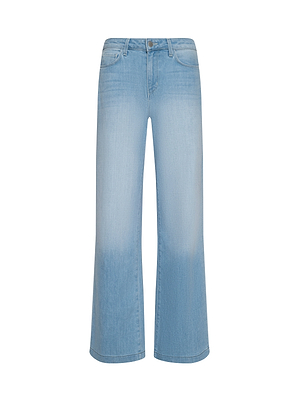 The Scottie Wide-Leg Jean features light blue stretch denim, high-rise fit, wide legs, button and zip fly, front and back pockets, a contoured waistband, and a subtly faded wash down the legs.