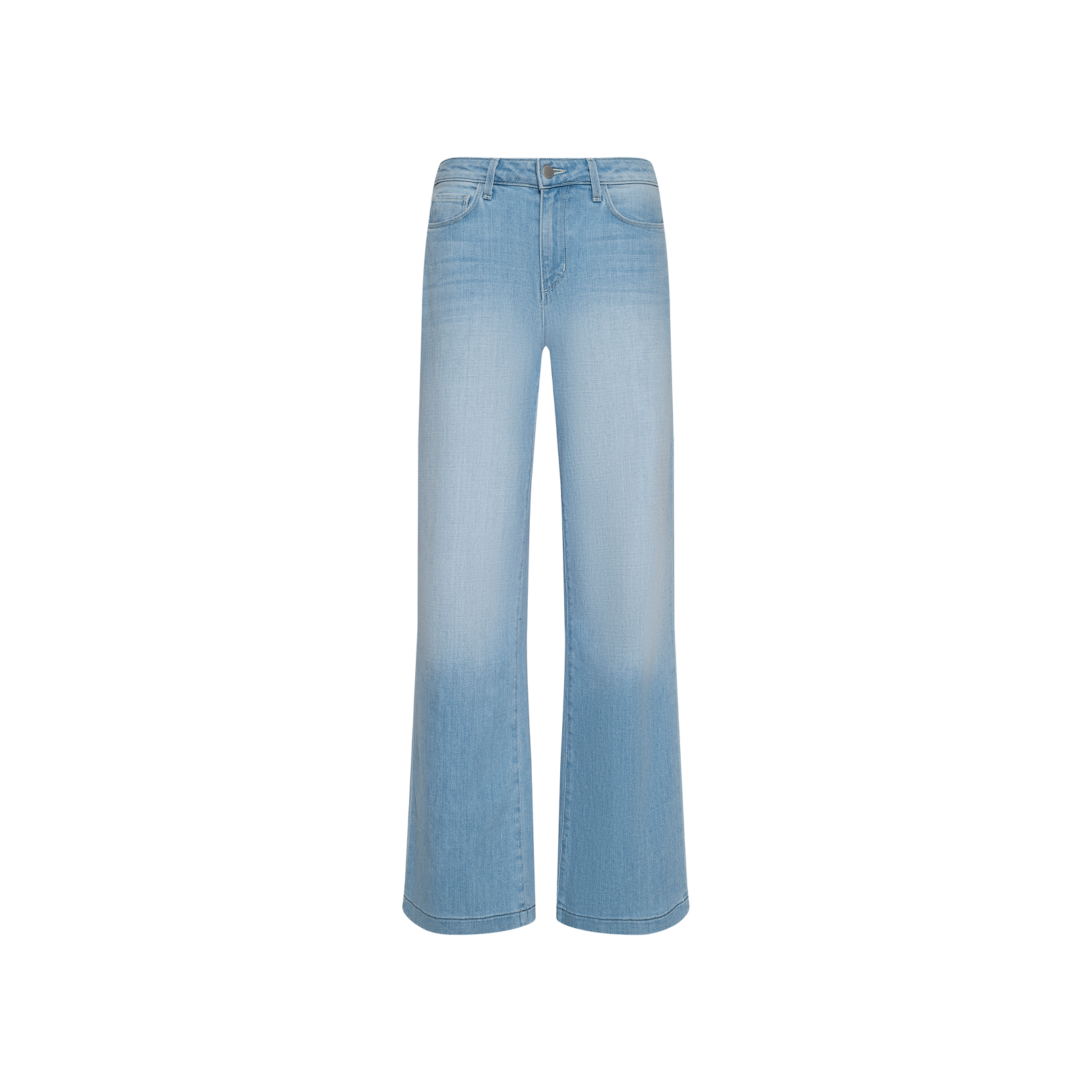 The Scottie Wide-Leg Jean is a light blue, high-waisted style made from soft stretch denim and designed with a contoured waistband for a flattering fit. These jeans feature a stylish faded wash, wide-leg silhouette, front and back pockets, and a button closure, shown here against a plain white background.