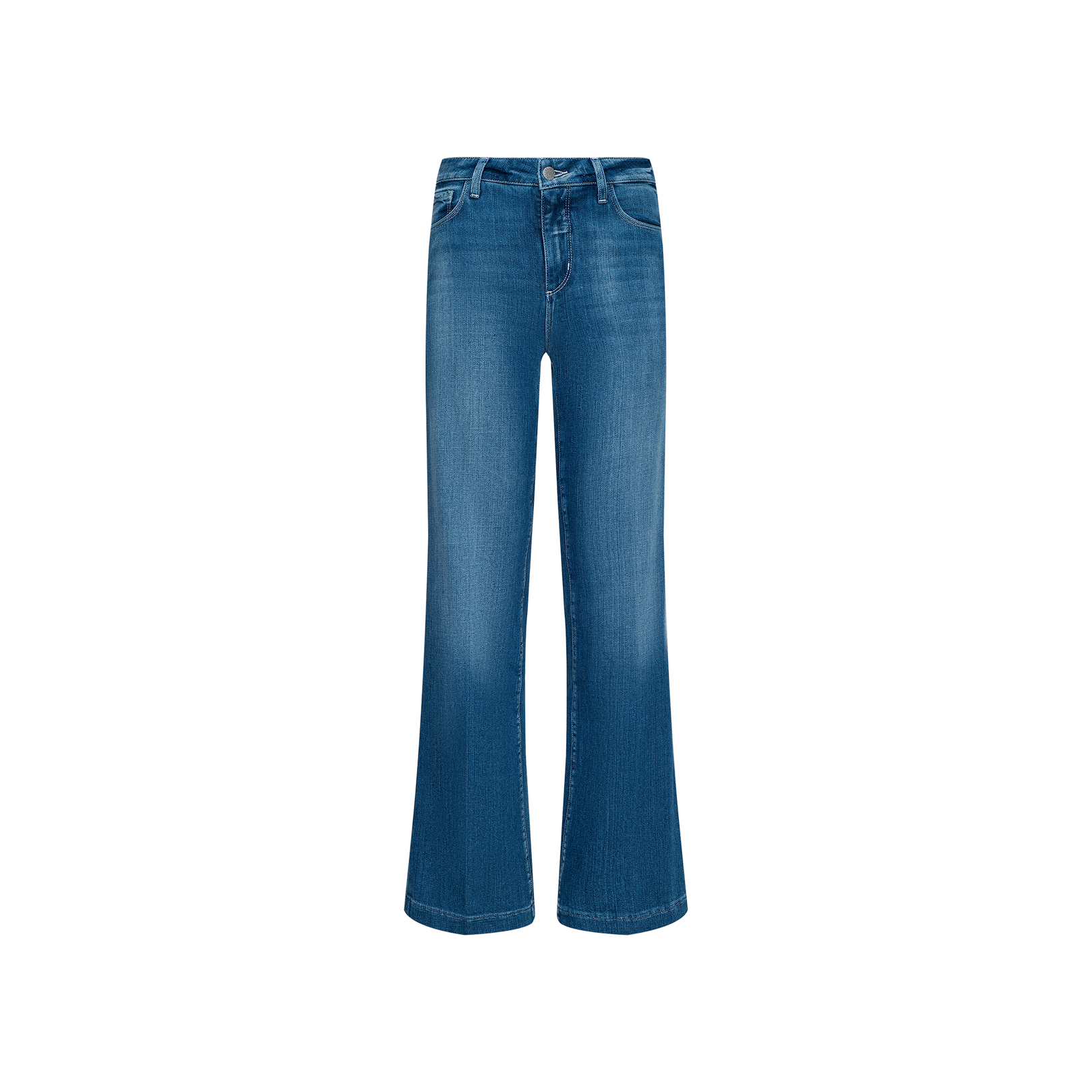 The Scottie Wide-Leg Jean in a rich indigo blue wash features a slight flare at the bottom, a high-rise fit, front button and zipper closure, and classic five-pocket design, displayed on a white background.