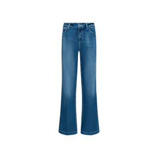 The Scottie Wide-Leg Jean in a rich indigo blue wash features a slight flare at the bottom, a high-rise fit, front button and zipper closure, and classic five-pocket design, displayed on a white background.