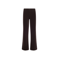 The Scottie Velvet Wide-Leg Jean, featuring a high-waisted fit, contoured waistband, dark brown velvet fabric, and a slight flare at the hem, is displayed against a plain white background.