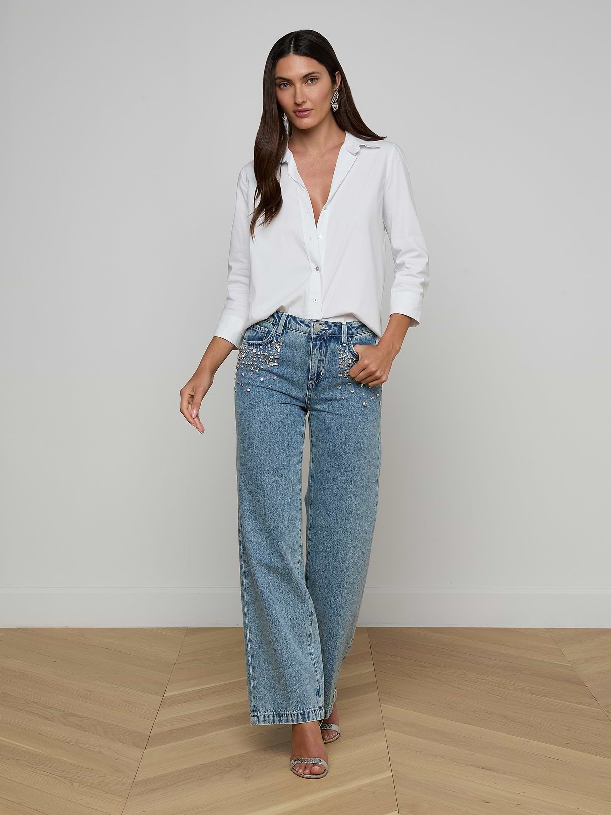 Scottie Embellished Wide-Leg Jean in Malibu | L'AGENCE