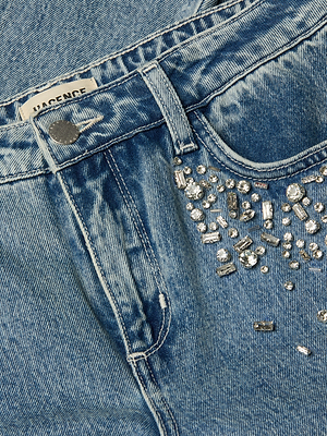 Close-up of the Scottie Embellished Wide-Leg Jean featuring a contoured waistband, metal button, visible RAG  BONE label, and silver rhinestones hand-embellished near the pocket.