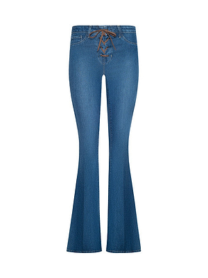 The Charis Lace-Up Jean by L'AGENCE features blue stretch denim, a high waist, brown cord lace-up front, classic pockets, visible seams, and dramatic flare below the knee for a bold bell-bottom look.