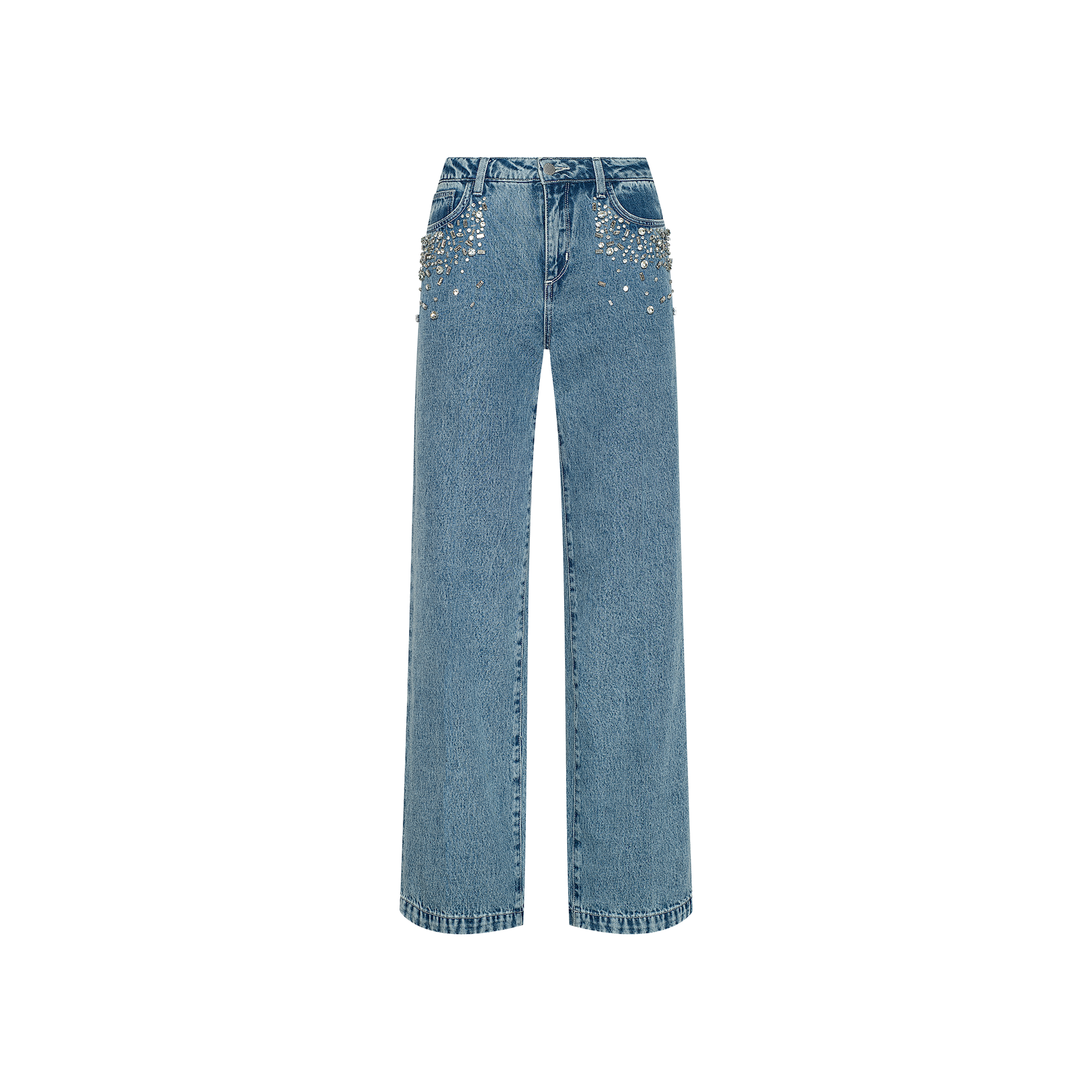 The Scottie Embellished Wide-Leg Jean features a light blue, high-waisted silhouette crafted from all-cotton denim, with front pockets decorated with elegant pearl and silver stud embellishments, showcased against a plain white background.