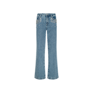 The Scottie Embellished Wide-Leg Jean is a blue, high-waisted, all-cotton denim style featuring pearl and stud embellishments along with hand-sewn crystals on the front pockets, shown against a plain white background.