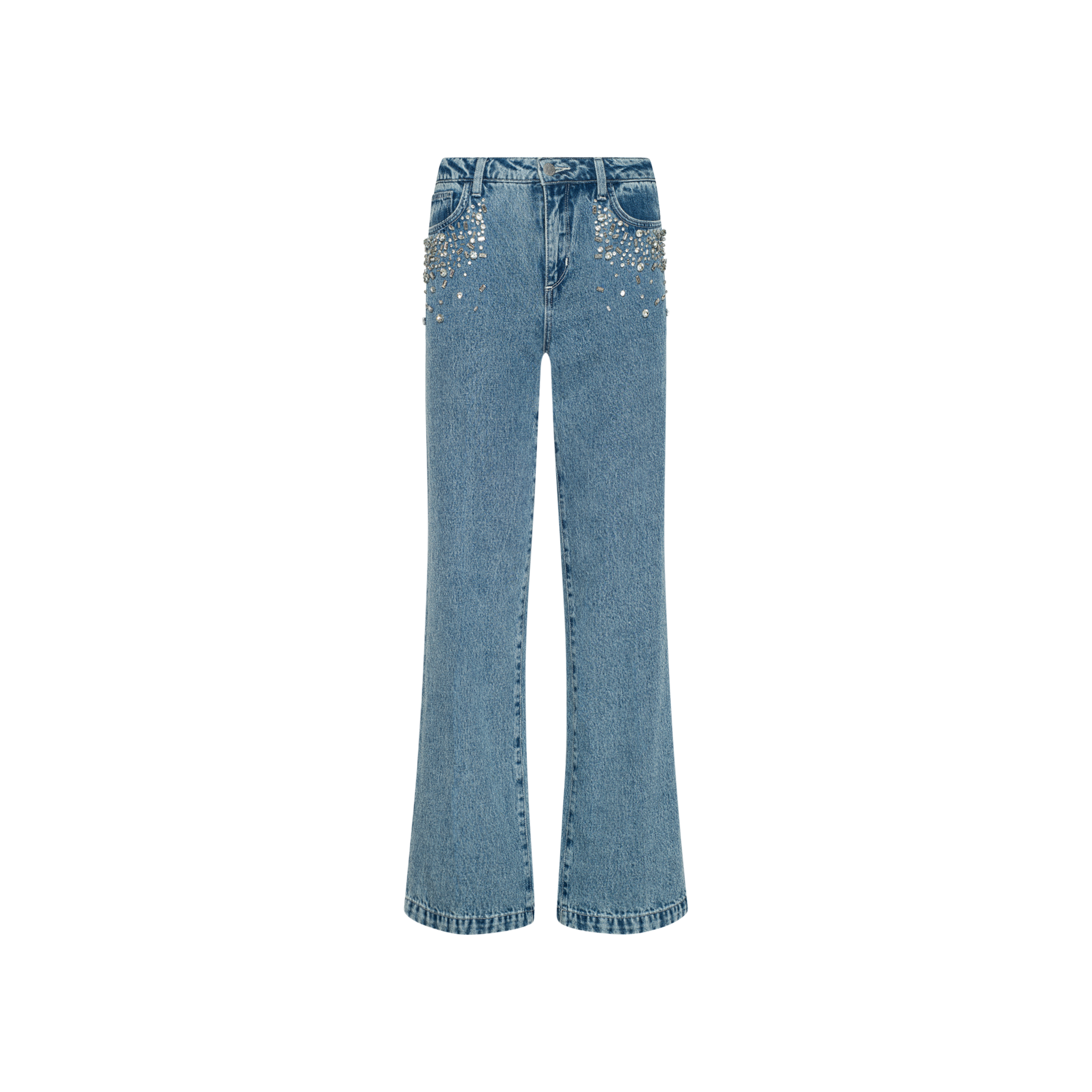 The Scottie Embellished Wide-Leg Jean is a blue, high-waisted, all-cotton denim style featuring pearl and stud embellishments along with hand-sewn crystals on the front pockets, shown against a plain white background.