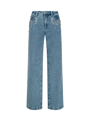 The Scottie Embellished Wide-Leg Jean is a high-waisted, blue denim style with front pockets, silver stud embellishments at the hips, a contoured waistband, belt loops, and a front zipper closure.