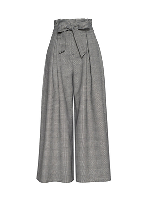 The Lowen Pant features a gray plaid pattern, high-rise paperbag waist, matching fabric belt in a bow, and wide cropped legs—perfect for showcasing historical romance style at Fall 2026 New York Fashion Week.