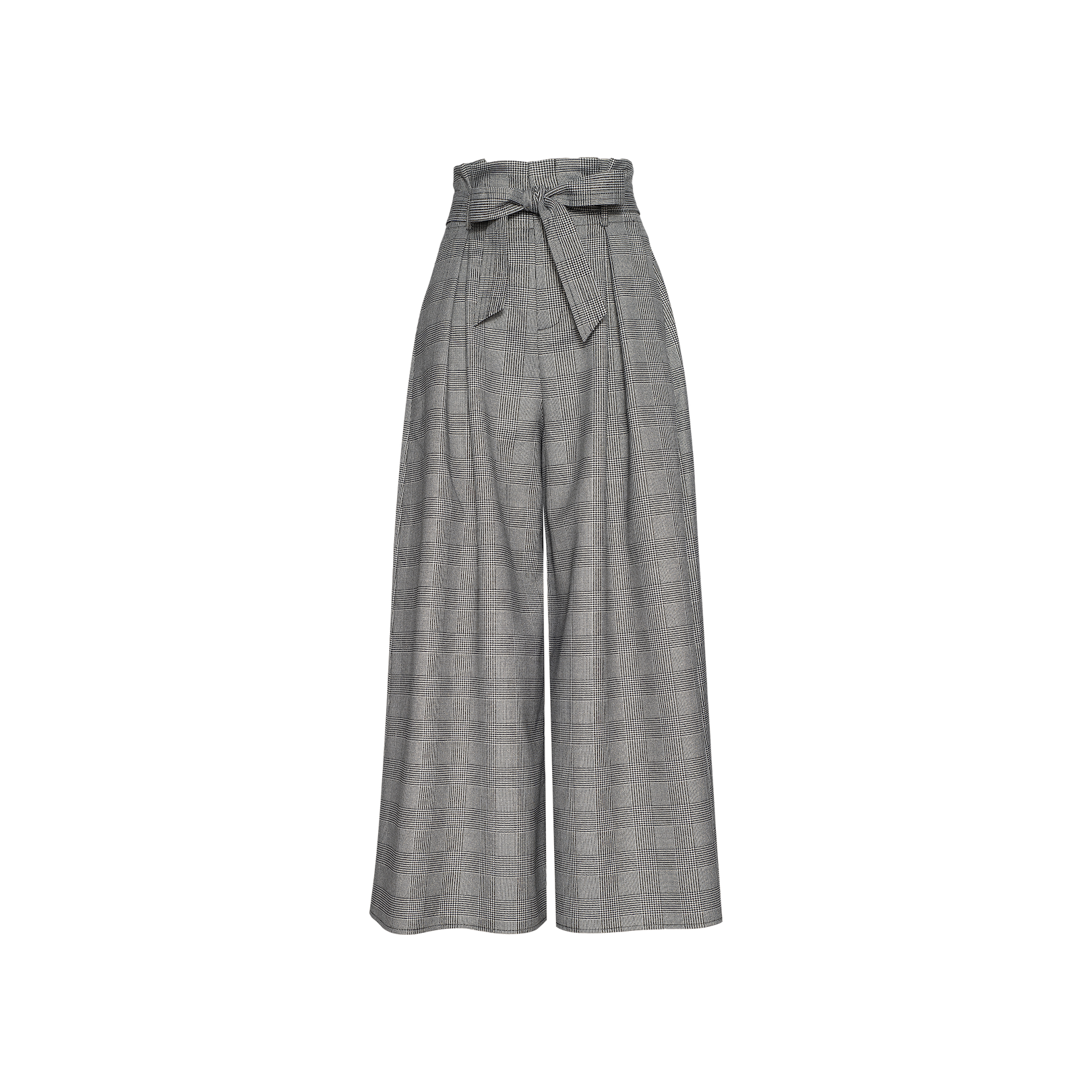 The Lowen Pant features a gray high-waisted, wide-leg silhouette with a subtle plaid suiting pattern and a tied paper-bag waist belt, displayed on a plain white background.