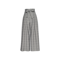 The Lowen Pant features a gray high-waisted, wide-leg silhouette with a subtle plaid suiting pattern and a tied paper-bag waist belt, displayed on a plain white background.
