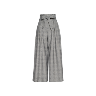 The Lowen Pant: high-waisted, wide-leg gray plaid suiting pants featuring a paper-bag waist and a matching fabric belt, displayed on a plain white background.