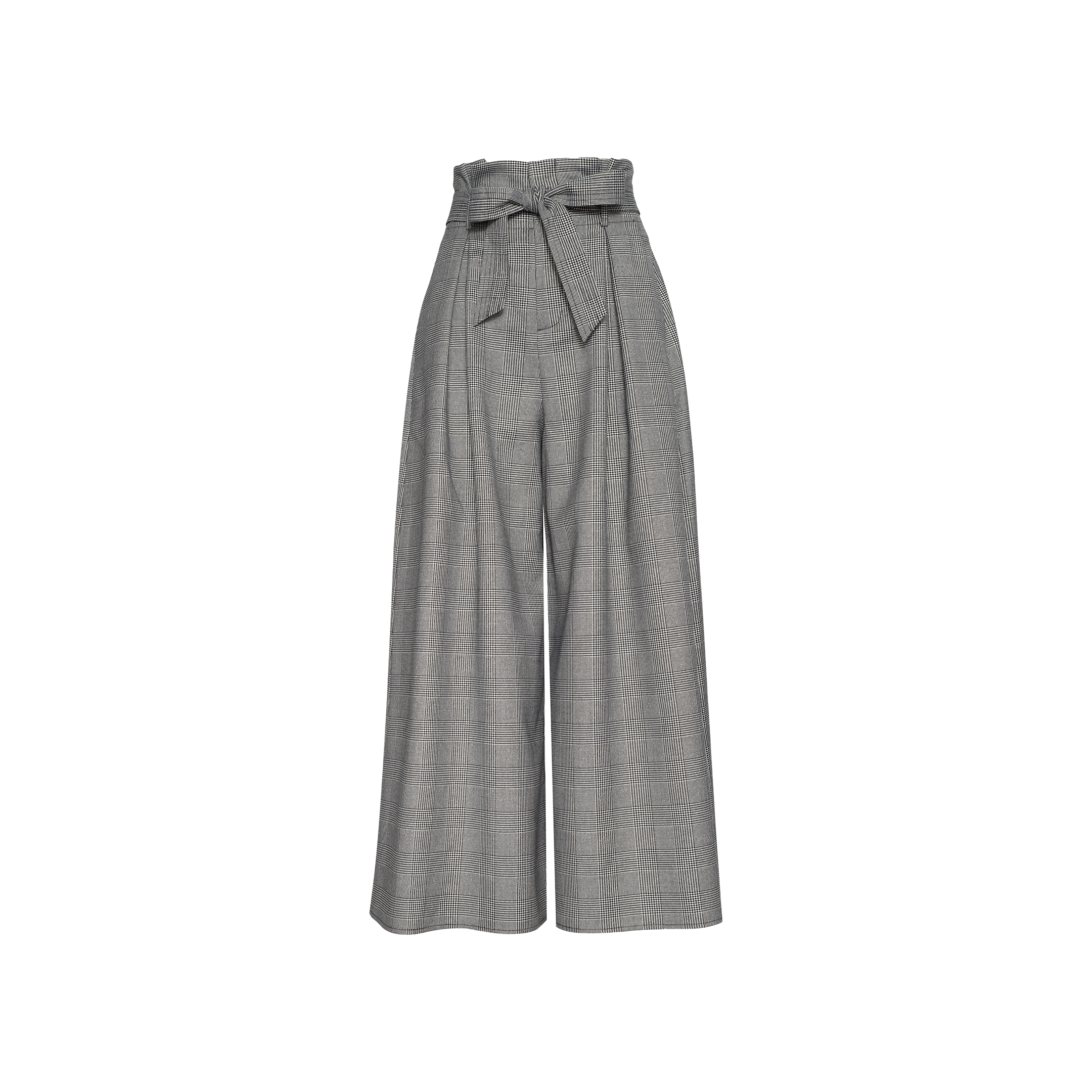 The Lowen Pant features a gray high-waisted, wide-leg silhouette with a subtle plaid suiting pattern and a tied paper-bag waist belt, displayed on a plain white background.